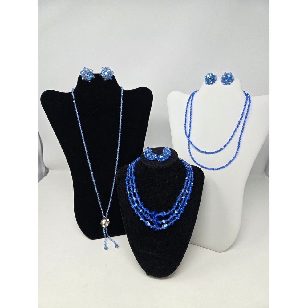 VINTAGE FASHION JEWELRY BUNDLE BLUE FACETED BEADS NECKLACE EARRINGS WOMEN